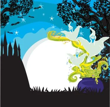 Cauldron with a boiling magic potion Ilustração Stock