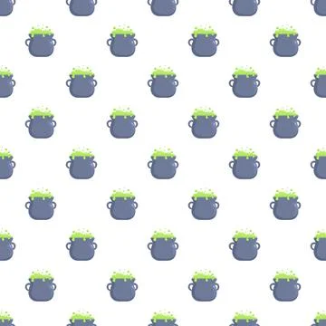 Cauldron with bubbling green potion repeating on white background 스톡 일러스트