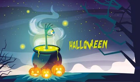 Cauldron bubbly of witch on white background Stock Illustration