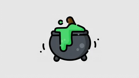 Cauldron featuring green magic potion and a wooden spoon with floating bubbles Stock-Footage 345100467