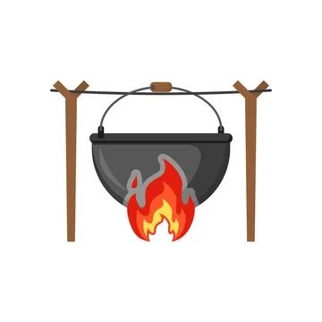 Cauldron on fire in the forest in flat Stock Illustration
