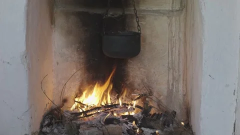 Cauldron on fire at home fireside 1 Stock Footage 166739032