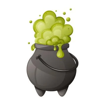 Cauldron with magic green potion. Boiling and bubbling pot. Stock Illustration