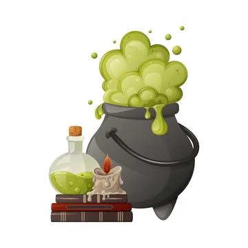 Cauldron with magic green potion. Potion in a glass flask, burning wax candle Stock Illustration