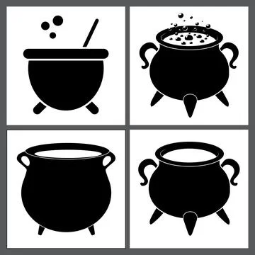 Cauldron with  magic potion and empty pot. Silhouette halloween icon set. Vec Stock Illustration