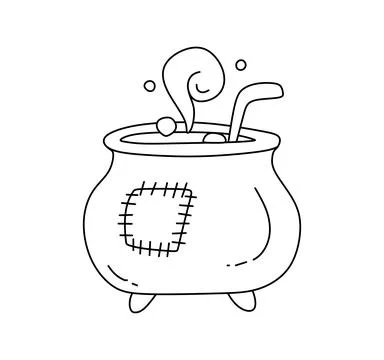 Cauldron with Magic Potion Black and White Vector Illustration Coloring Book for Stock Illustration
