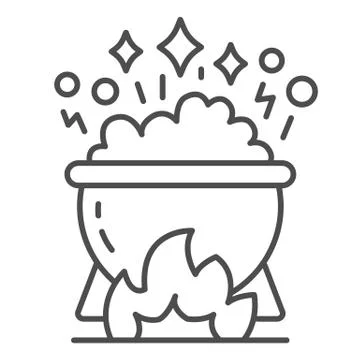 Cauldron with magic potion on fire thin line icon, halloween concept, pot of Stock Illustration