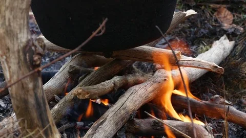 Cauldron over the fire. Stock Footage 74225814