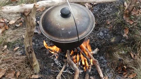 Cauldron over the fire. Stock Footage 74225840