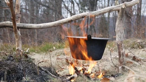 Cauldron over the fire. Stock Footage 74225868