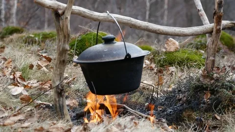 Cauldron over the fire. Stock Footage 74225931