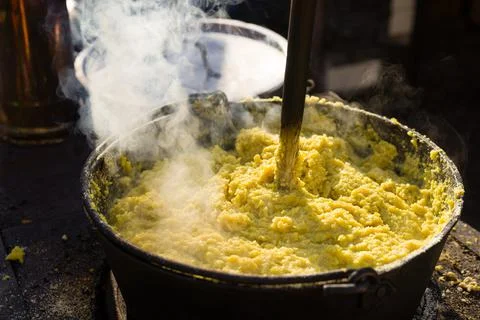 Cauldron with polenta Stock Photos
