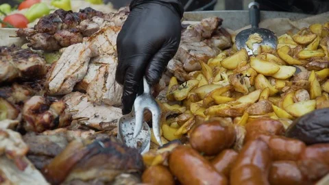 Cauldron with potatoes, meat, sausages Stock Footage 112830853