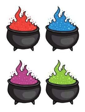 Cauldron potion witch set, green, purple, red, blue colors Stock Illustration