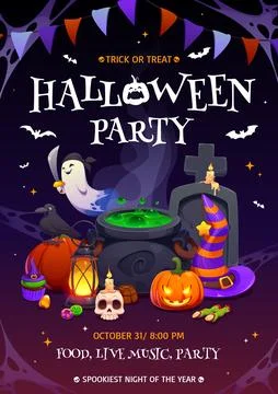 Cauldron, pumpkin, ghost at Halloween party flyer Stock Illustration