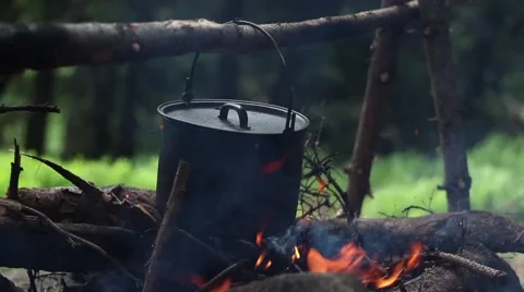 The Cauldron On The Small Fire In The Wood Stock Footage 64644819