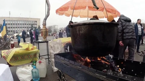 Cauldron Standing on Fire Close-Up During The Festival in the Town Square Stock Footage 74793068