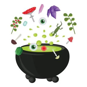 Cauldron with witchs potion and ingredients. Vector illustration on white Stock Illustration