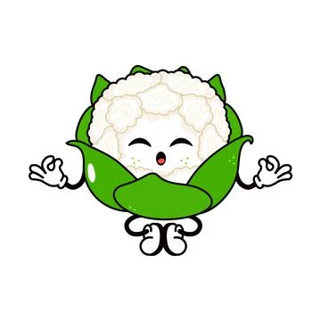 Cauliflower doing yoga character. Vector hand drawn traditional cartoon vin.. Stock Illustration