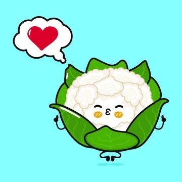 Cauliflower doing yoga with speech bubble. Vector hand drawn cartoon kawaii c Stock Illustration