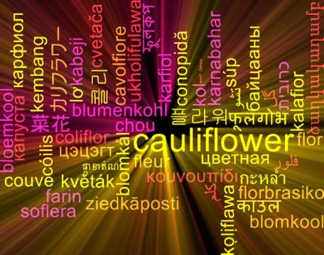 Cauliflower multilanguage wordcloud background concept glowing Stock Illustration