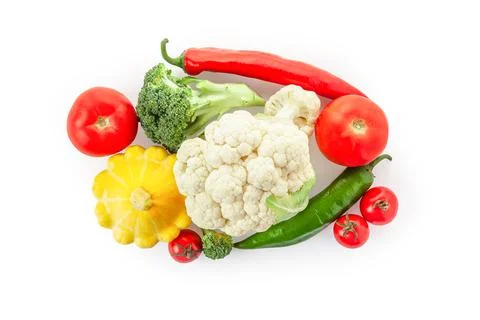 Cauliflower, tomatoes, peppers, broccoli and squash isolated on white Stock Photos