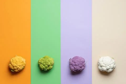 Cauliflower variety on multi-colored background. Mini cauliflowers Stock Photos