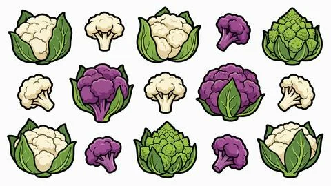 Cauliflower Vector Set with White Purple and Green Cauliflower Variations Stock Illustration