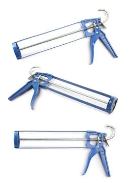 Caulking gun on white background, collage. Views from different sides Fotos de archivo