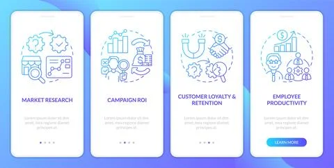 Causal research examples blue gradient onboarding mobile app screen Illustrazione stock