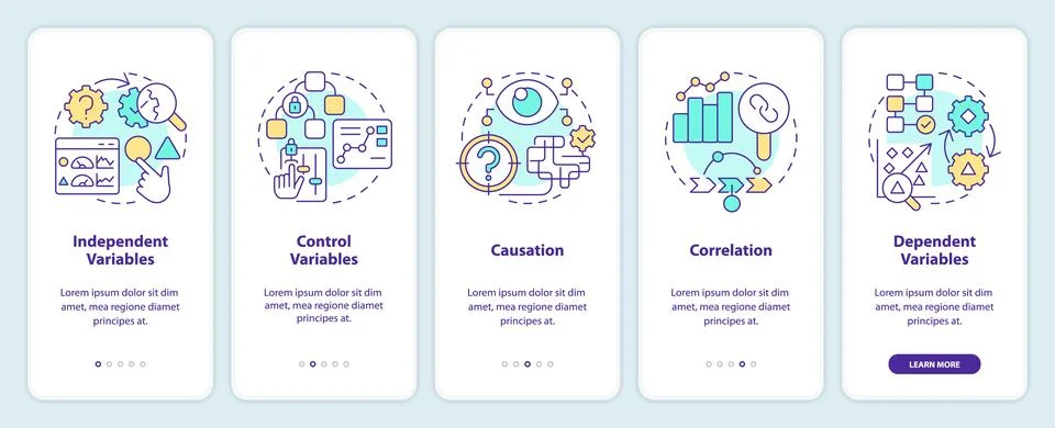 Causal research variables and principles onboarding mobile app screen Stock Illustration