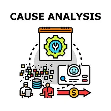 Cause analysis process identifying problem roots and solutions Stock Illustration