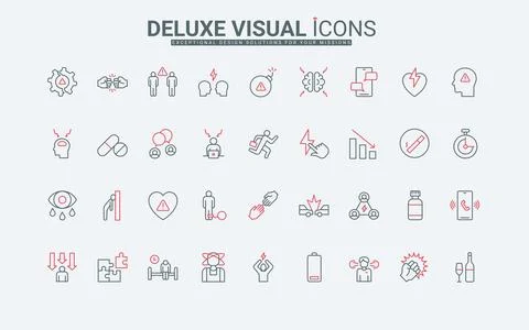 Causes and factors of stress line icons set, pressure of social media and 스톡 일러스트