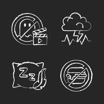 Causes for bad sleep chalk white icons set on black background Stock Illustration