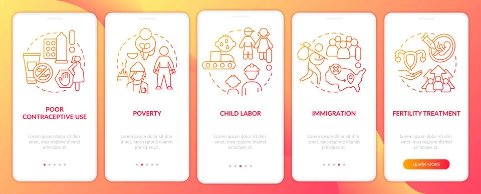 Causes of overpopulation red gradient onboarding mobile app screen 스톡 일러스트