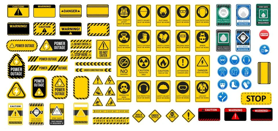 Caution alarm set. Danger triangle signs. warning sign. Caution error. Stock Illustration