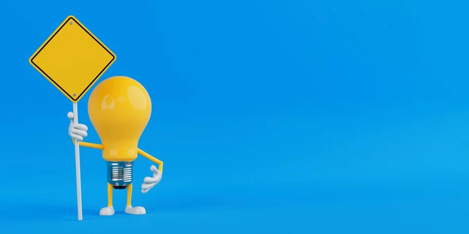 Caution And Awareness Concept. Yellow Cartoon Light Bulb Character Holding .. Stock-Illustration