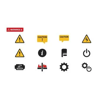 Caution and information icons set with power symbol with symbols represent Stock Illustration