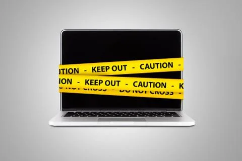 Caution and Keep Out Tapes on Laptop with Blank Screen Stock Illustration