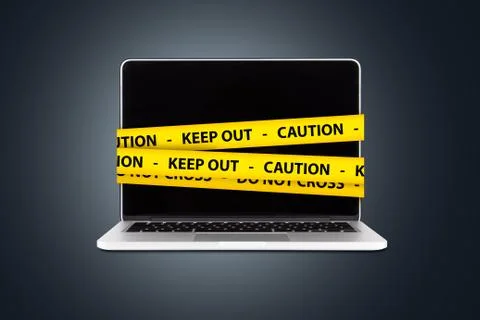Caution and Keep Out Tapes on Laptop with Blank Screen Stock Illustration