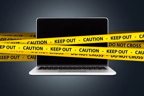 Caution and Keep Out Tapes on Laptop with Blank Screen Stock Illustration