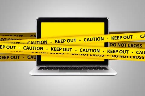 Caution and Keep Out Tapes on Laptop with Blank Screen Stock Illustration