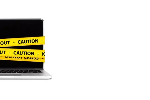 Caution and Keep Out Tapes on Laptop with Blank Screen Stock Illustration