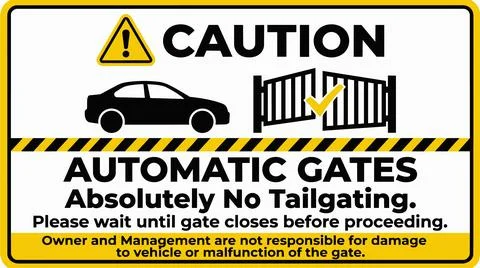 Caution automatic gates no tailgating warning sign with car and gate. Stockillustratie