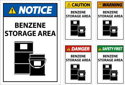 Caution Benzene Storage Area Sign On White Background Illustrazione stock