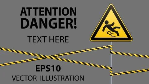 Caution - danger Beware of slippery. Safety sign. The triangular sign on a metal Illustrazione stock