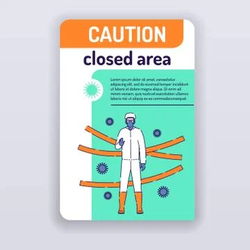 Caution danger brochure template. Closed area cover design. Man in protective Stock Illustration