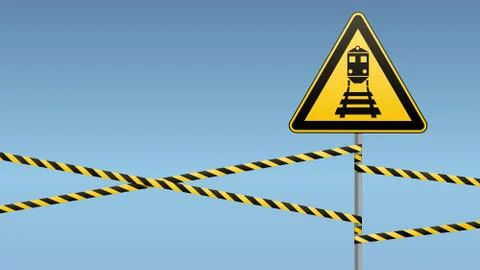 Caution - danger Warning sign safety. Beware of train. yellow triangle with Stock Illustration