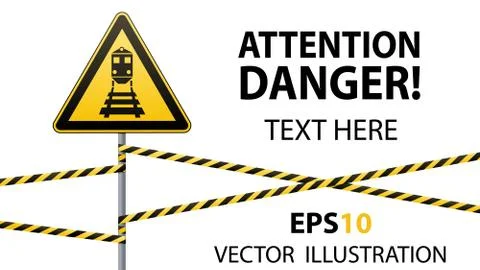 Caution - danger Warning sign safety. Beware of train. yellow triangle with Stock-Illustration