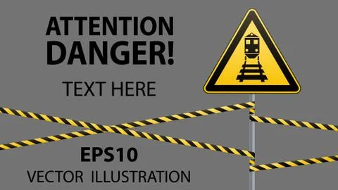 Caution - danger Warning sign safety. Beware of train. yellow triangle with Stock Illustration